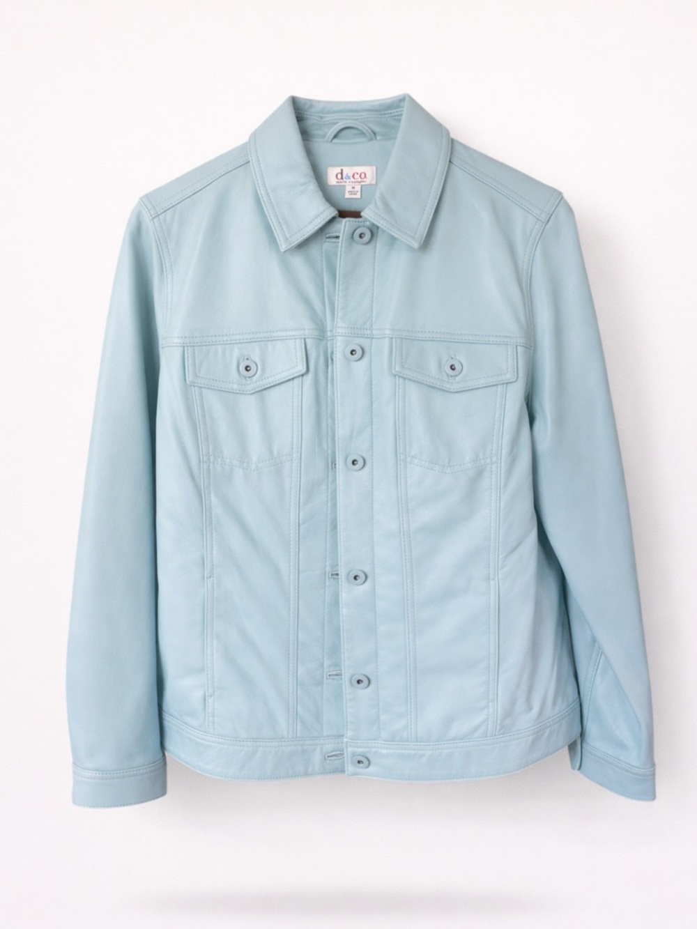 D&Co Genuine Leather  Blue Pastel Moto Jacket Button Front  Size M